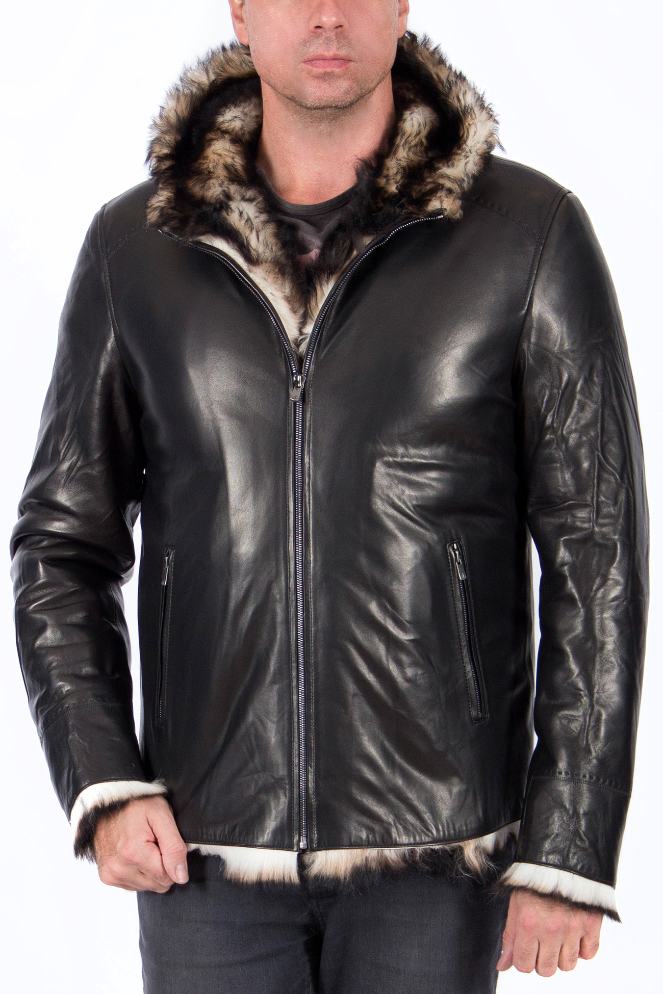 Зимняя кожаная куртка с мехом мужская с капюшоном
